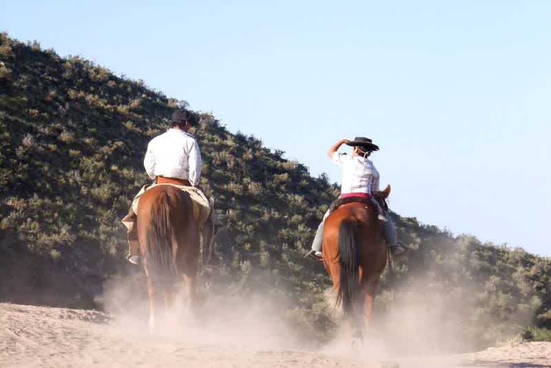 two horseback riders on brown horses kicking up dust