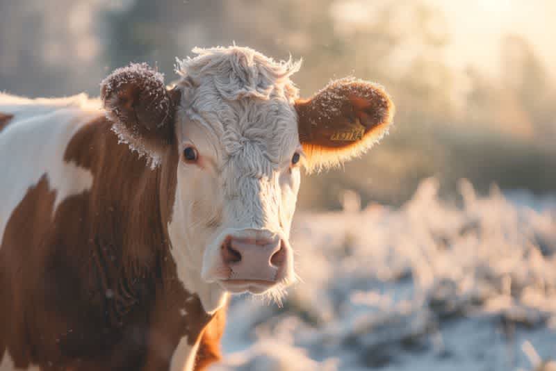 A brown and white cow standing in the middle of a field in winter