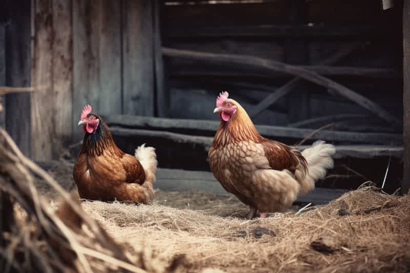 two cinnamon queen chickens looking afar in barn