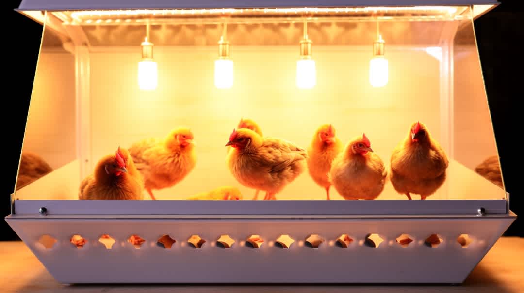 several chickens inside a brooder with small heatlamps