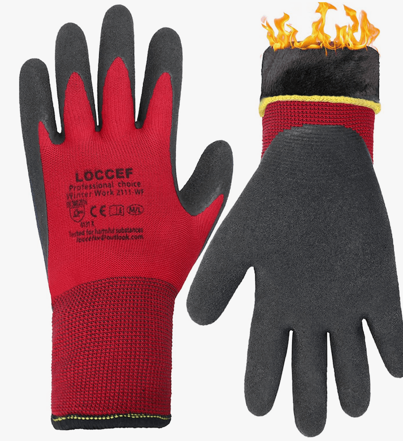 A pair of red work gloves next to each other showing both sides