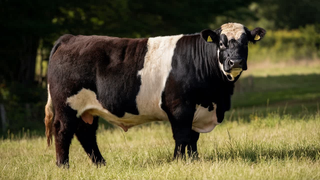 a belted galloway cow looking at the camera standing in grass