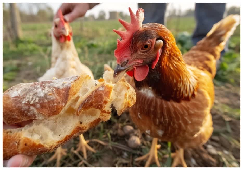 a farmer feeding bread to chickens