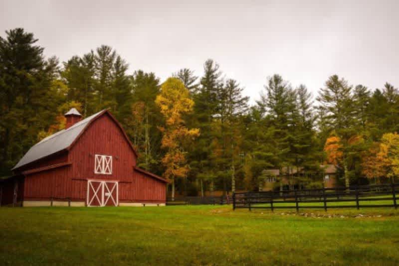 A red barn next to a fence with a field in front of it and a forest in the background.