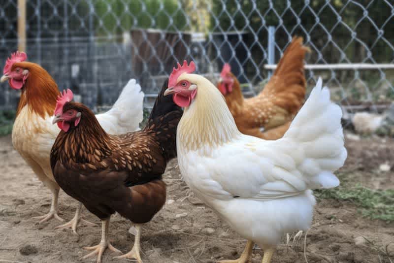 four chickens fenced in walking around