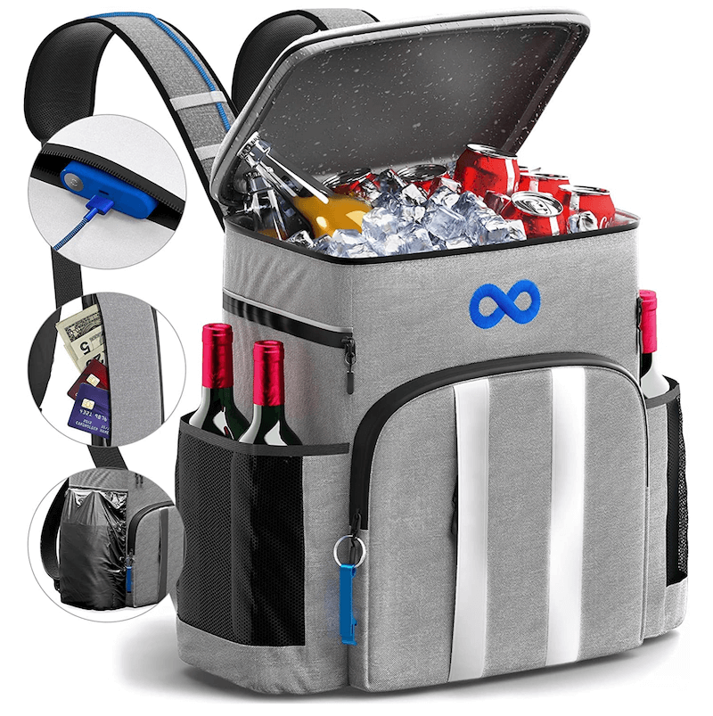 A gray picnic backpack with wine bottles in the side pockets and drinks with ice coming out of the top pocket