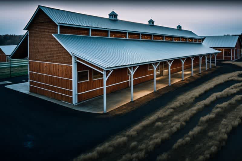 a long shed row barn with lights in the evening light
