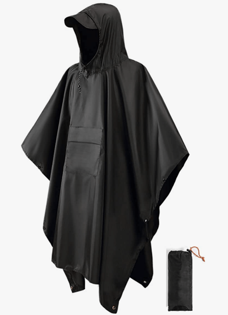 A black three-in-one poncho with a carrying bag
