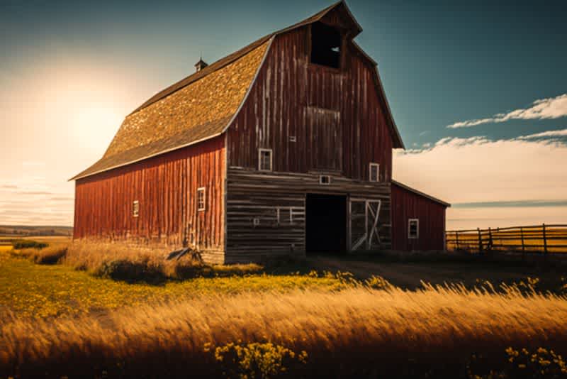 a peaked prarie barn with the sun behind casting a shadow in the middle of a field