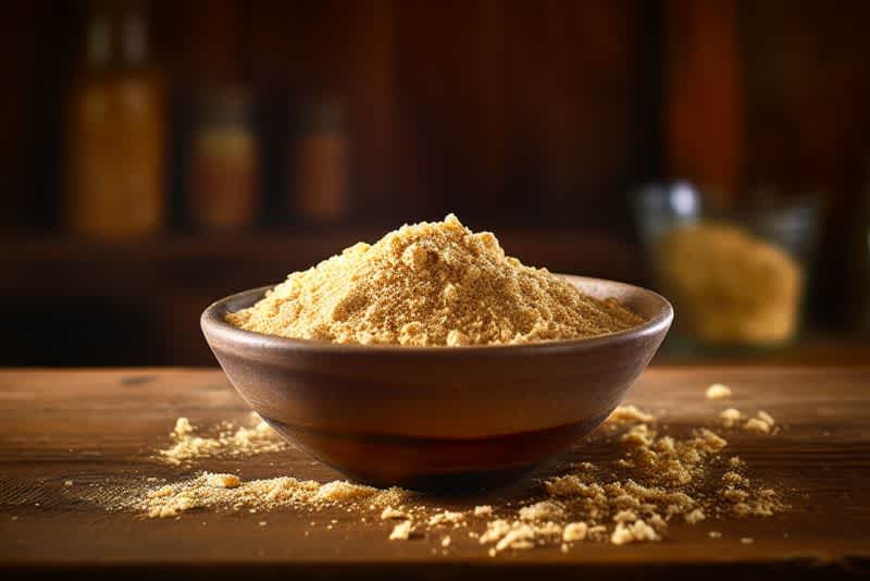 A bowl of breadcrumbs on a wooden kitchen table