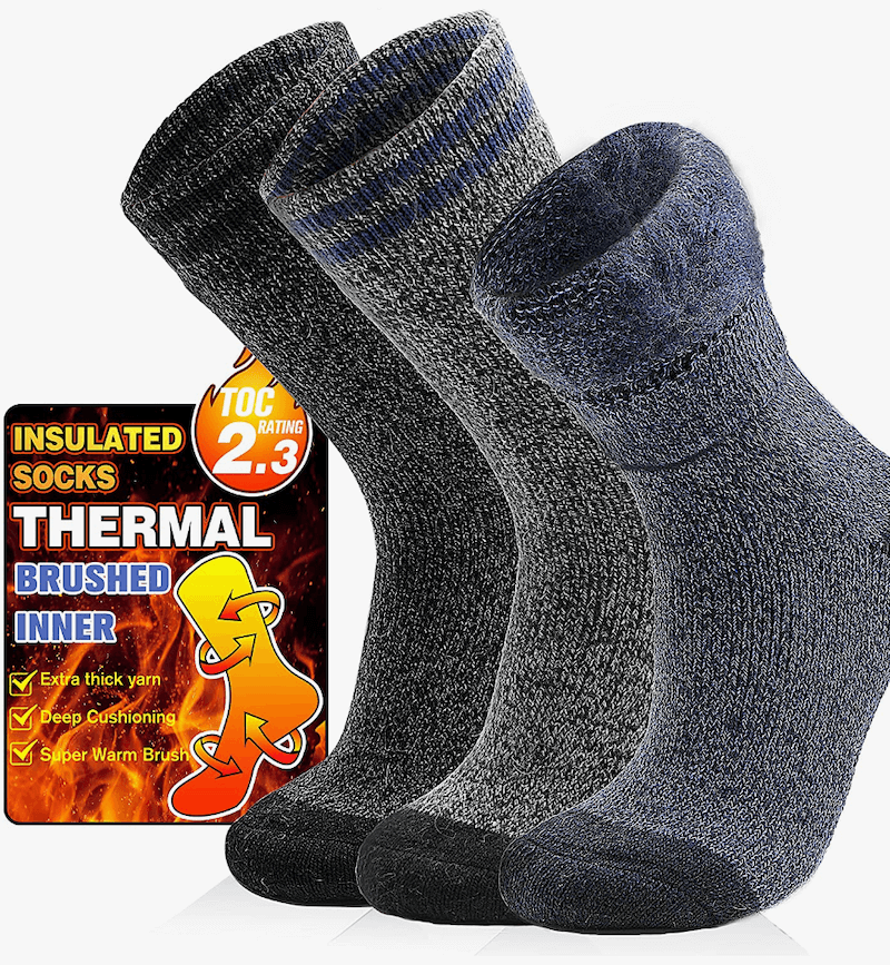 Three gray insulated thermal socks next to each other