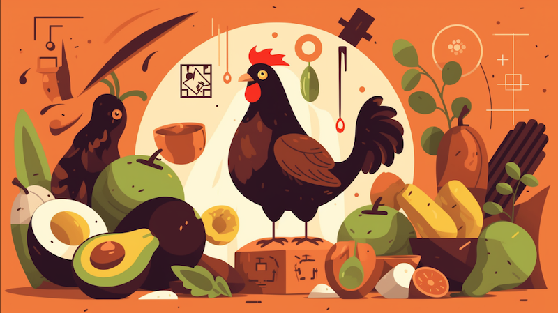 chicken surrounded by food