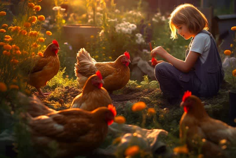 A girl is surrounded by chickens in the garden waiting to be fed