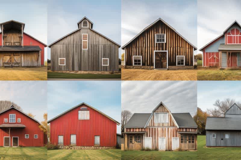 Multiple pictures of rustic barns