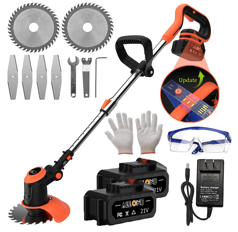 An orange and black Electric Weed Eater surrounded by its accessories