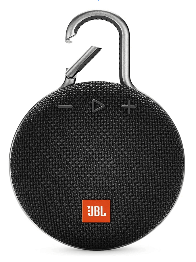 A black JBL Clip 3 speaker with the clip open