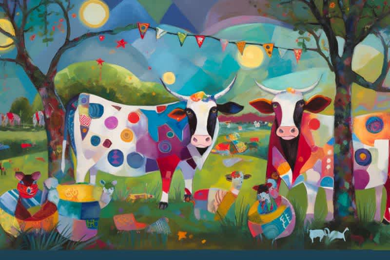 two artistically painted cows with vibrant colors looking at the camera