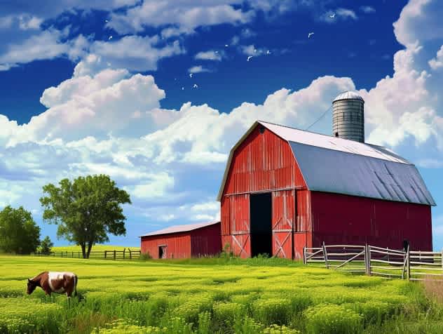 A red barn on a farm with a cow in the foreground on a sunny day