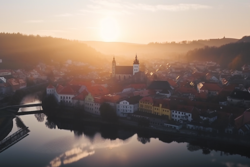 A town in the Czech Republic surrounded by hills during sunset