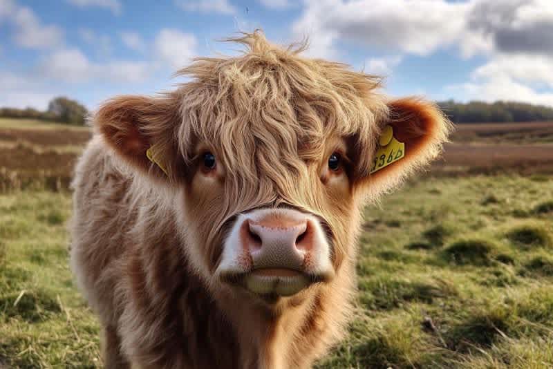 a brown mini highland cow stands in a field on a sunny day