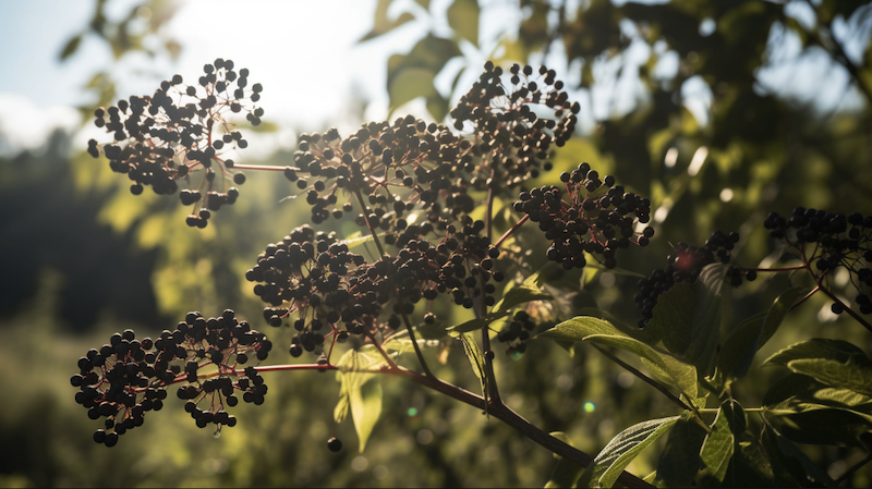 elderberries on a tree with the sun in the background