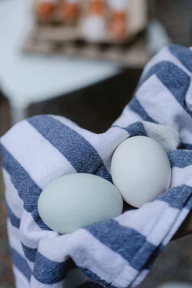two eggs on a striped blue and white cloth