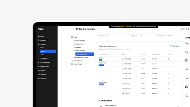Client-reported income section in Truv Dashboard order results