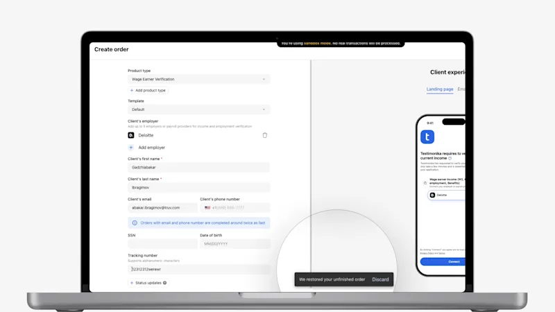 Pre-filled order form in the Truv Dashboard