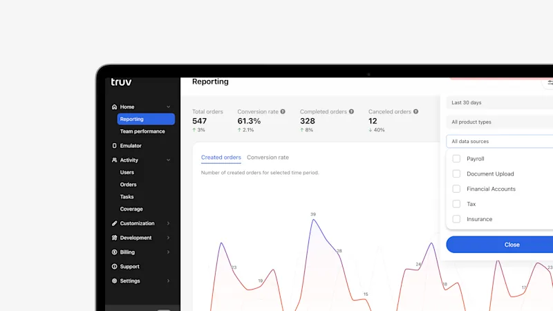 Multi-select data source filtering in the Truv Dashboard Reporting tab