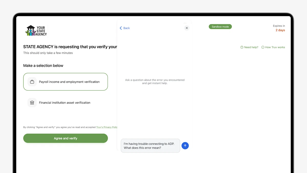 AI chat assistant on the Truv Bridge failure screen