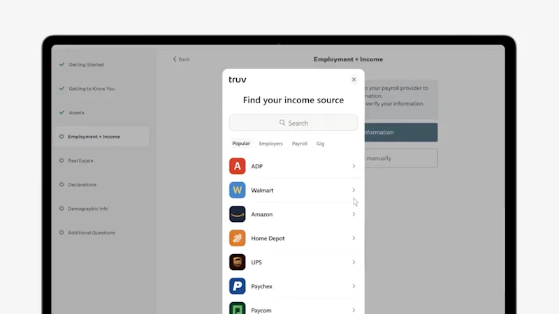 Borrower selecting income source in the Blend application
