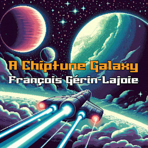 Cover art for "A Chiptune Galaxy" - a space ship orbiting a rich planet system