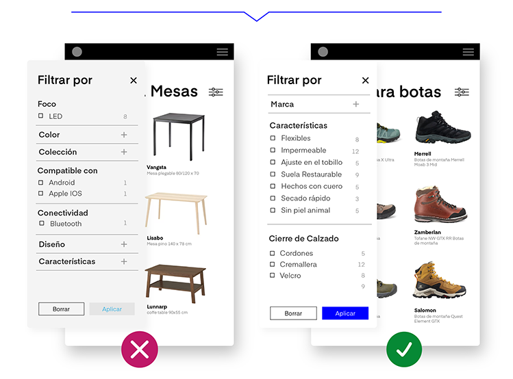 Lineamiento UX para eCommerce 402 Proporciona sugerencias de filtros relevantes de acuerdo con la búsqueda inicial del usuario