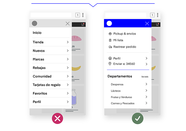 Lineamiento UX para eCommerce 996 Marca una diferencia entre las categorías principales y secundarias a través del diseño en el menú para dispositivos móviles