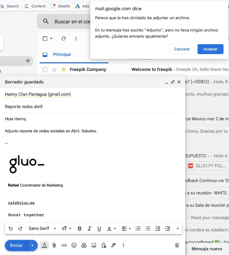 notificacion gmail no viene ningun adjunto