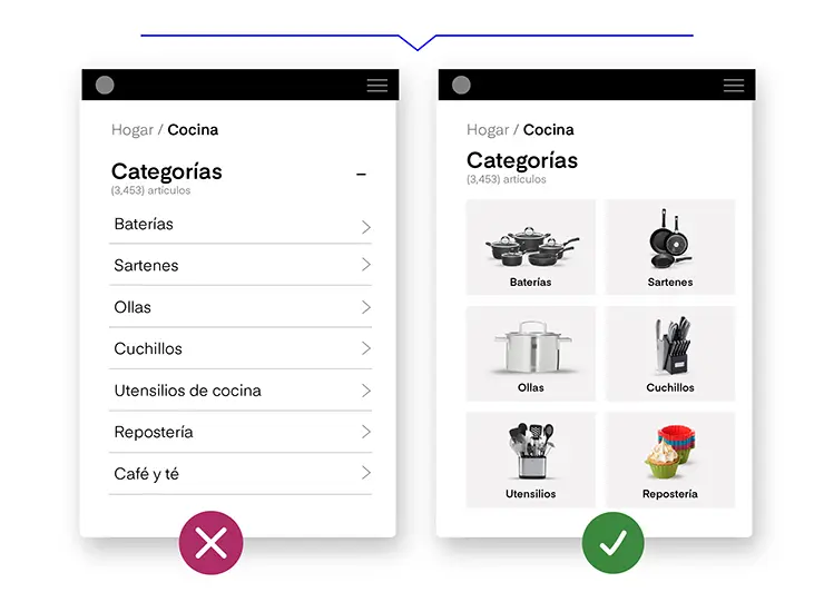 Lineamiento UX para eCommerce 309 Utiliza thumbnails para representar los contenidos de las subcategorias.