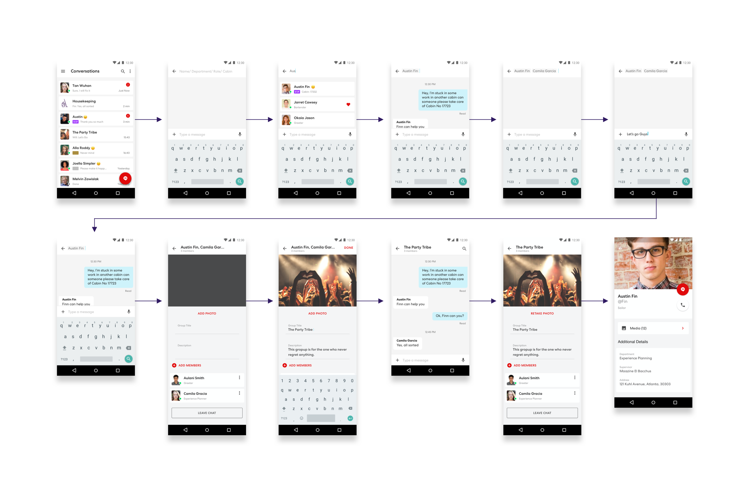 Mobile screens showing Chat flow for the Virgin Voyages chat application.