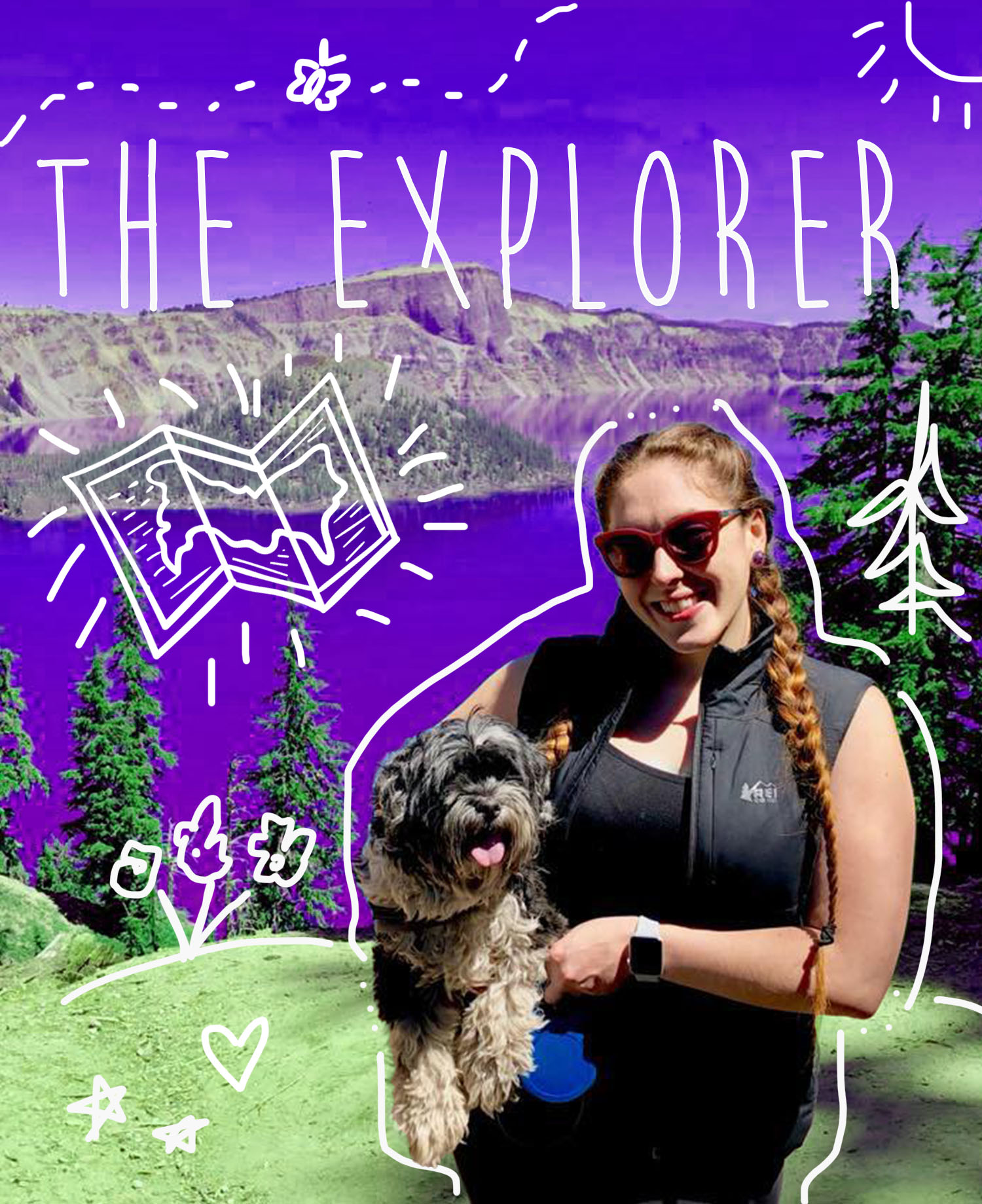 Deanna and her dog on the edge of a cliff. The Explorer.