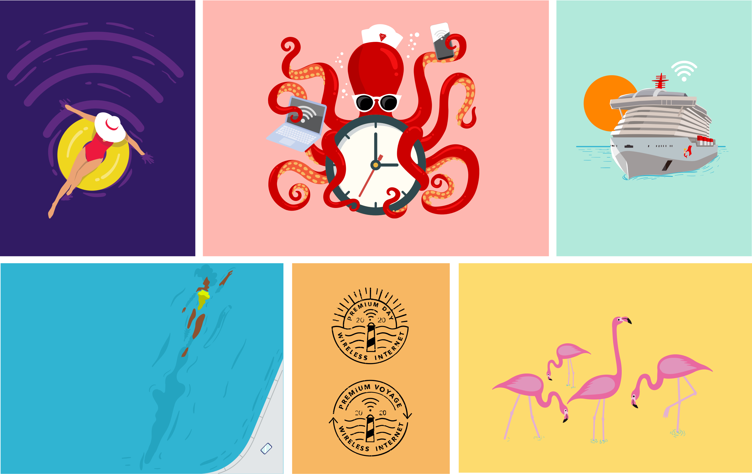 6 different custom illustrations. A woman floating in purple water. An octopus holding a clock. A ship in the sun. A woman swimming. Stamps. Flamingos. 