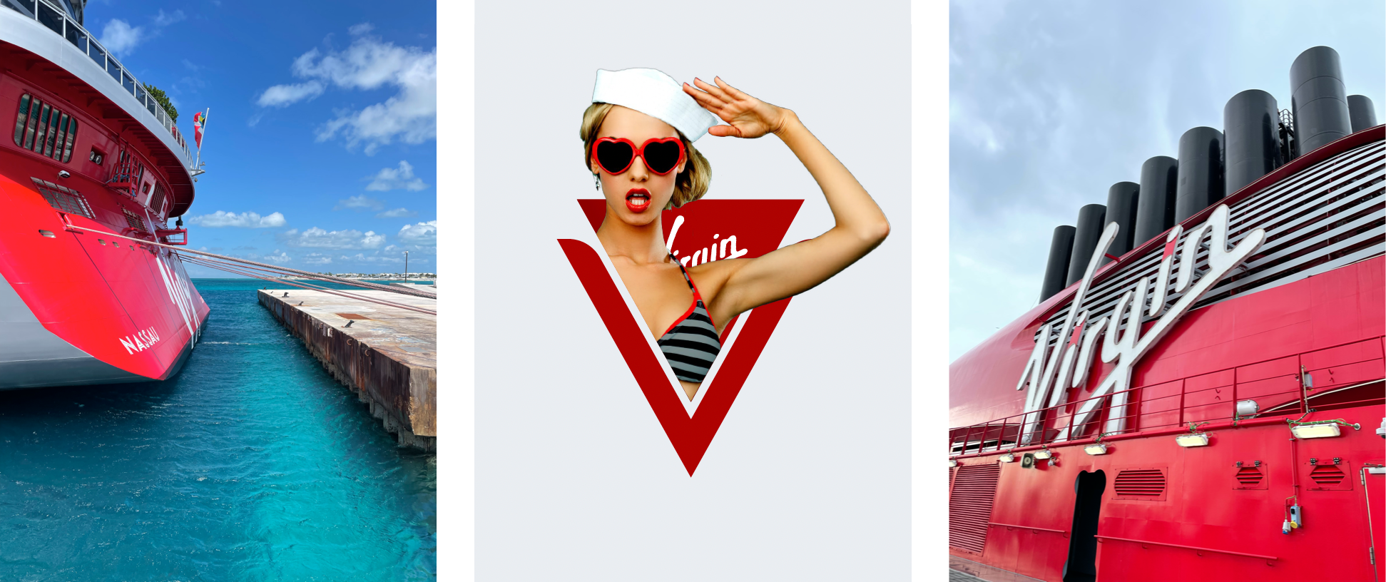 Three images. One of the ship docked. One illustration of a women in a sailor hat. And one of the Virgin logo on the side of the ship.