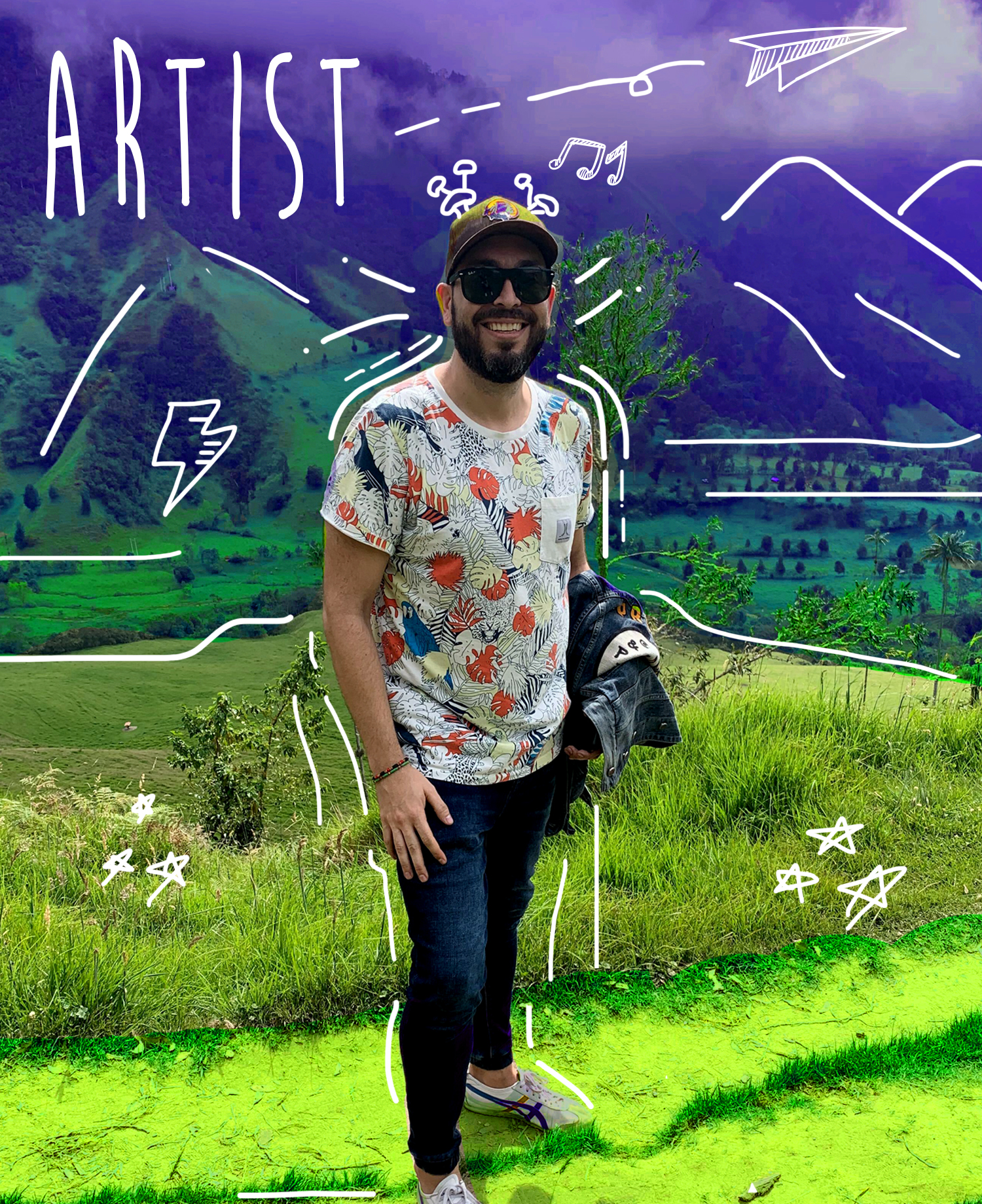 Dani standing in field with a hat and sunglasses on. The word "ARTIST" is written overtop.
