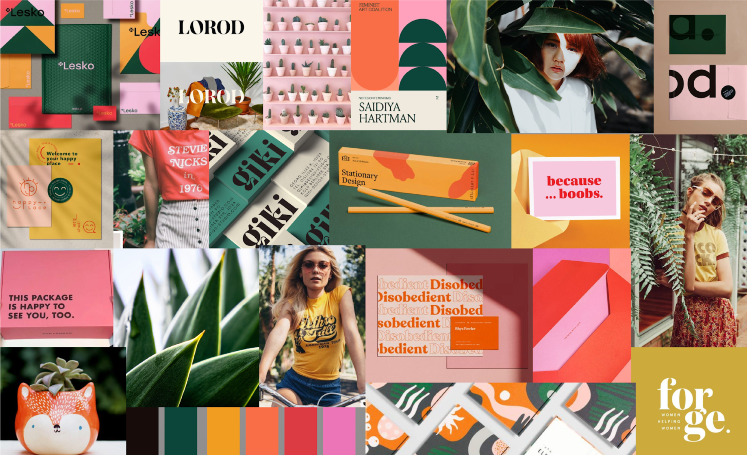 Colorful moodboard with greens, yellows, and pinks.