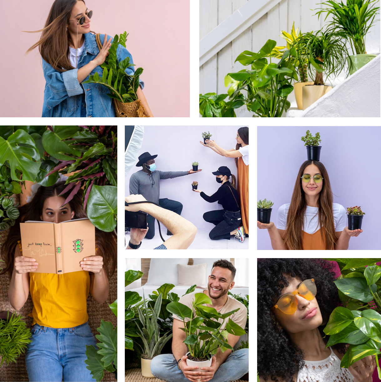 Photo collection of people with plants.