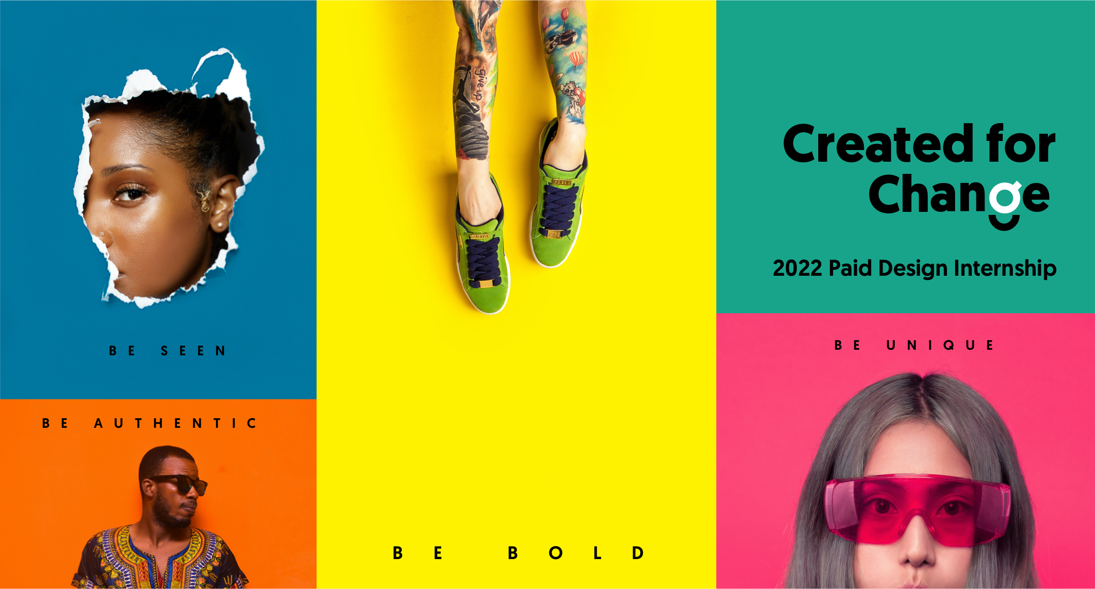 Colorful graphics with faces. Created for Change. 2022 Paid Design Internship.