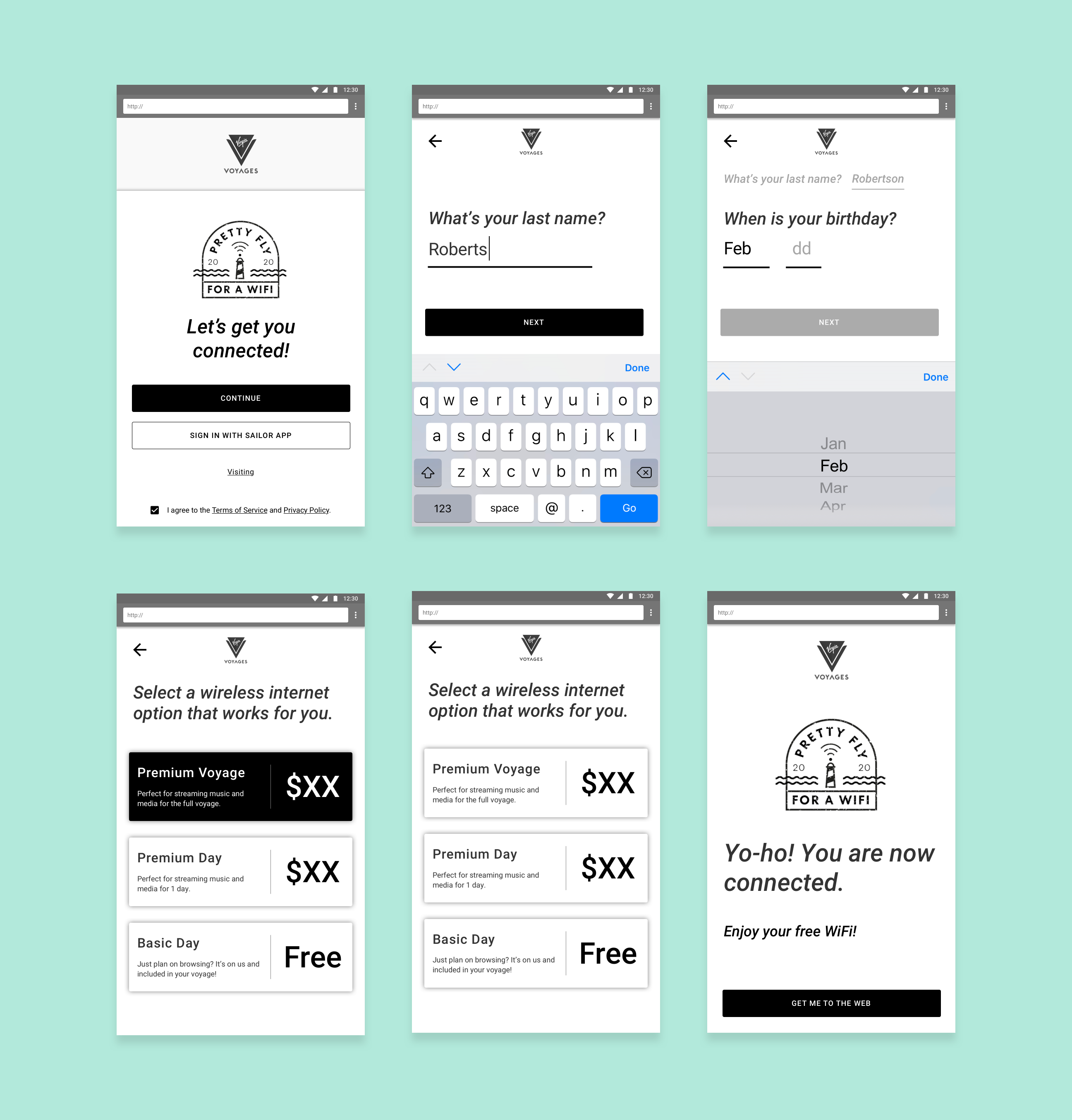 Collection of different mobile wireframes on teal background.