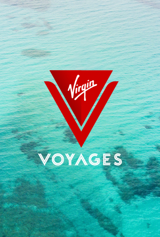 Virgin voyages red logo over sea water.