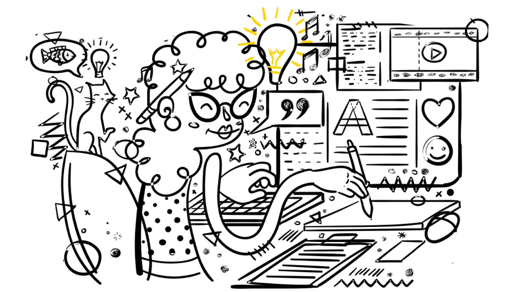 Woman illustration designing with colors, music, fonts, and icons.