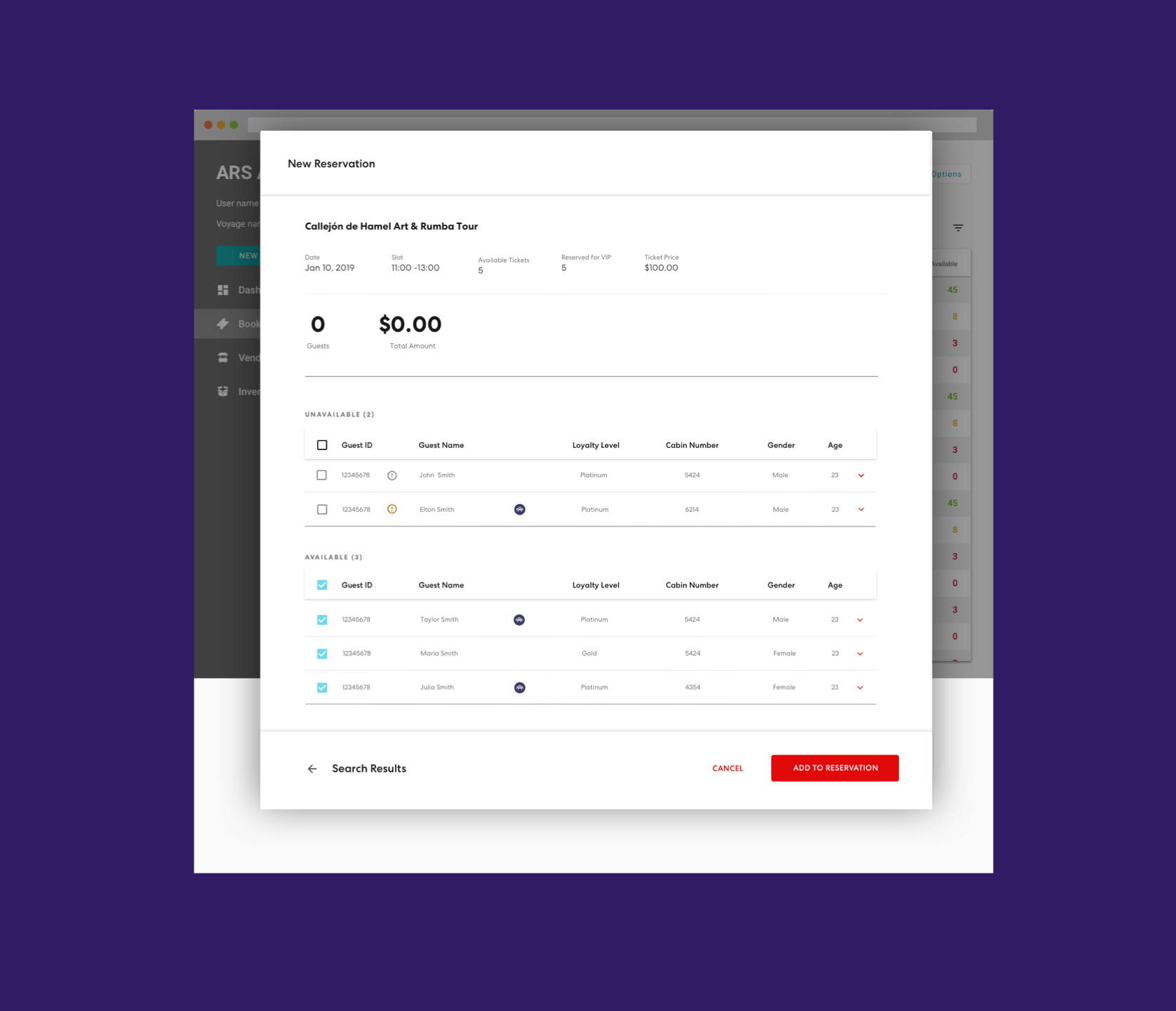 Wireframe showing a new reservation for ARS Admin.