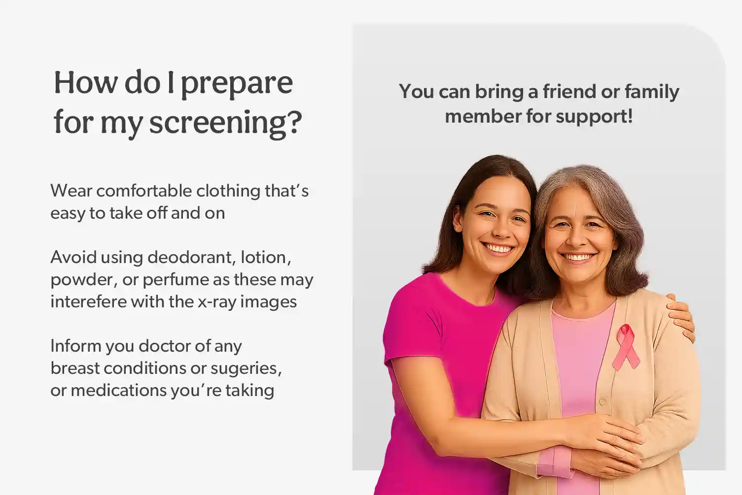 Two women smiling before a mammogram — find affordable, shoppable mammogram options with MDsave and bring a loved one for support.