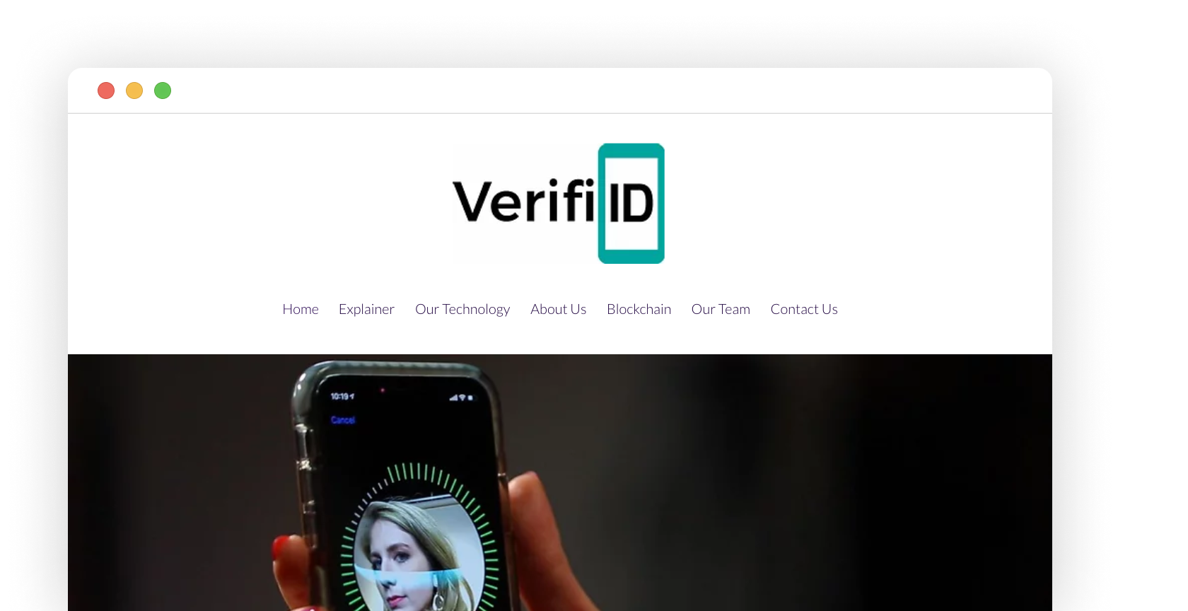Home page of verifiID - logo, listed section of the page and picture of a mobile phone with a working application.